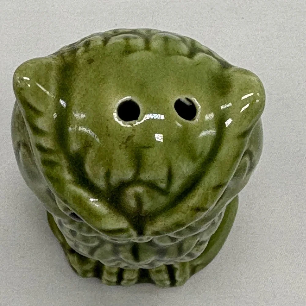 Green Owl Ceramic Salt or Pepper Shaker Single Japan Olive Green Vintage